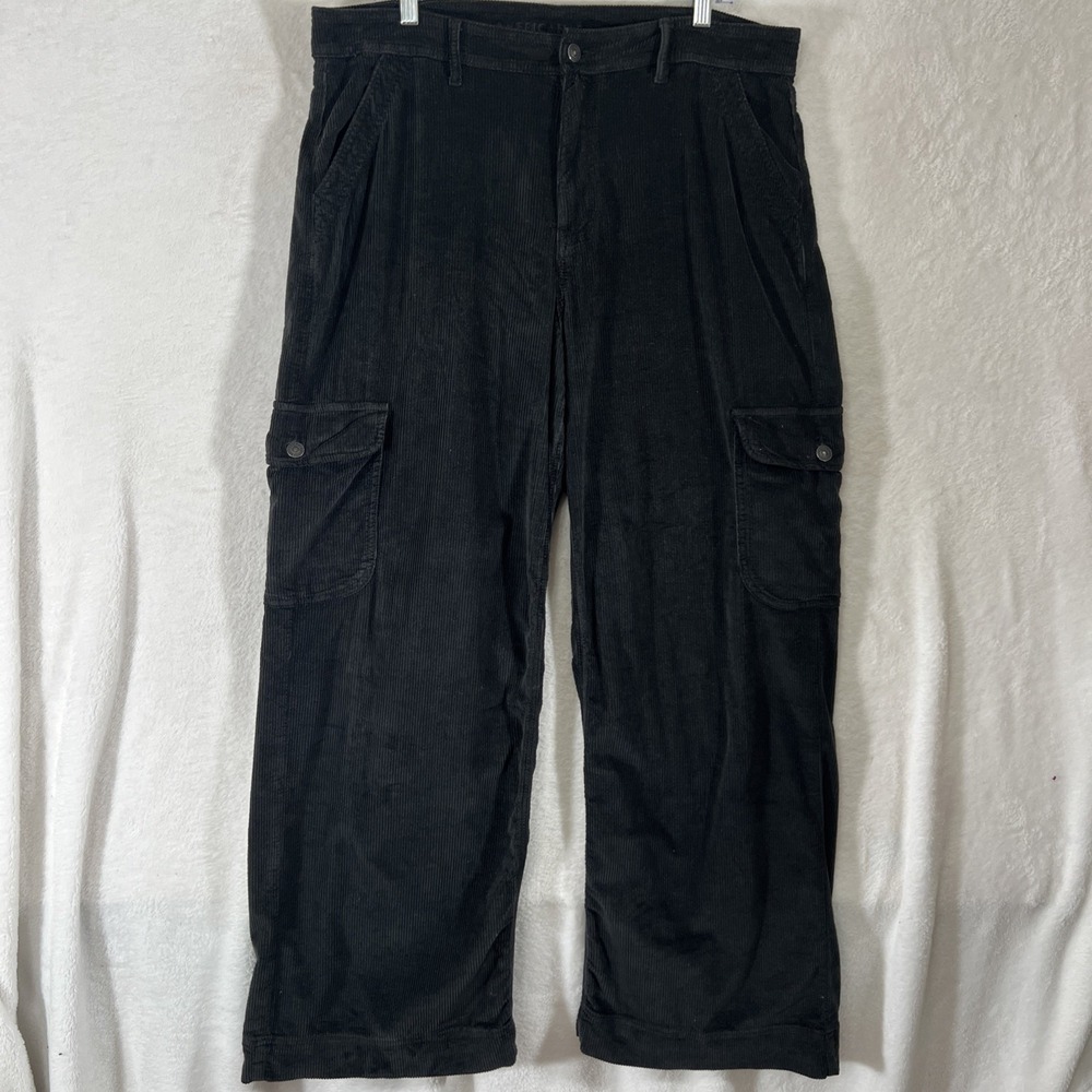 American Eagle Pants Womens 16 Black Corduroy Super High Rise Wide Leg Cargo Y2K